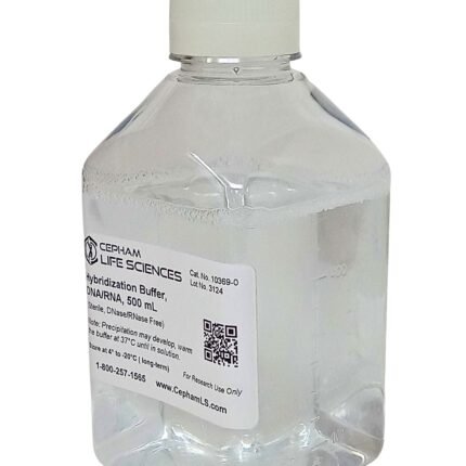 Clear plastic lab bottle with a white screw cap; label reads Cepham Life Sciences Hybridization Buffer, 500 mL, for DNA/RNA work