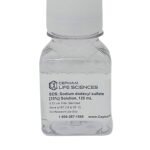 Clear reagent bottle with a white cap labeled 'SDS; Sodium dodecyl sulfate [10%] Solution, 125 mL' from Cepham Life Sciences