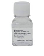 Clear reagent bottle with a white cap labeled 'SDS; Sodium dodecyl sulfate [10%] Solution, 125 mL' from Cepham Life Sciences