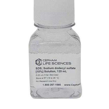 Clear reagent bottle with a white cap labeled 'SDS; Sodium dodecyl sulfate [10%] Solution, 125 mL' from Cepham Life Sciences