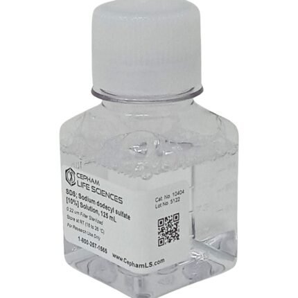 Small clear lab bottle with a white cap, label shows Cepham Life Sciences and SDS: Sodium dodecyl sulfate solution (125 mL).