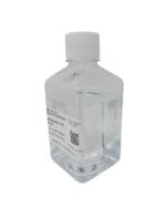 Clear plastic bottle with a white screw cap containing a clear liquid; label shows life sciences branding and a QR code/text block