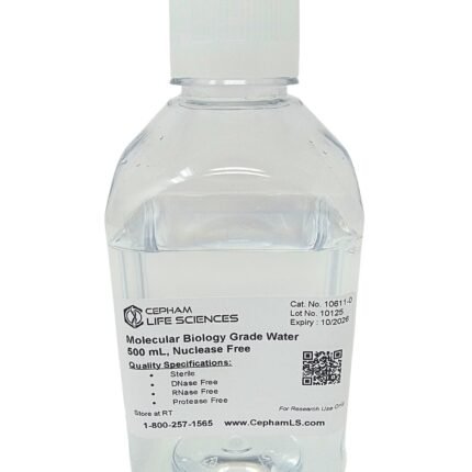 Clear plastic bottle of molecular biology grade water with white cap and label showing Cat. No. 10611-0 and 500 mL volume