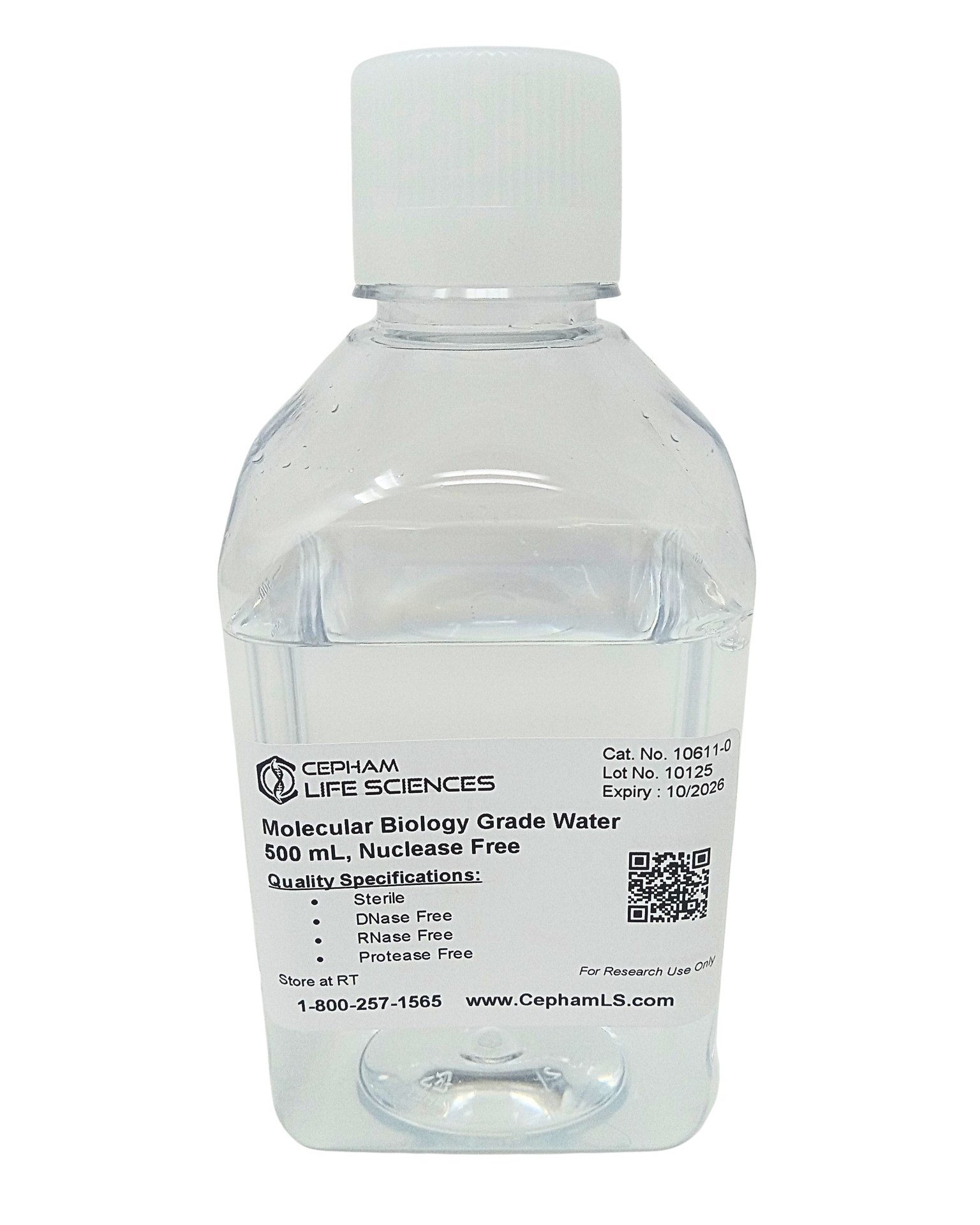 10611-0 front Clear plastic bottle of molecular biology grade water with white cap and label showing Cat. No. 10611-0 and 500 mL volume