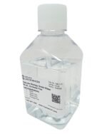Clear plastic bottle of molecular biology grade water with a white cap and label visible on the front edge of the bottle.