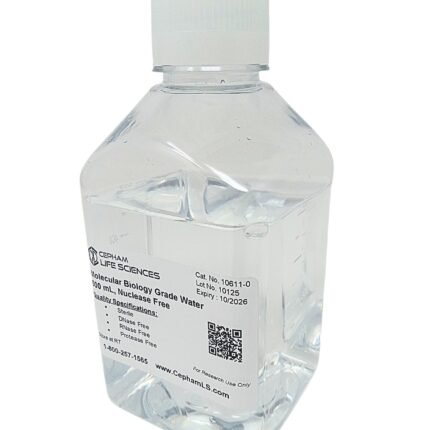Clear plastic bottle of molecular biology grade water with a white cap and label visible on the front edge of the bottle.