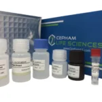 Assorted laboratory reagent bottles with white, blue, black, and red caps in front of a Cephem Life Sciences box.