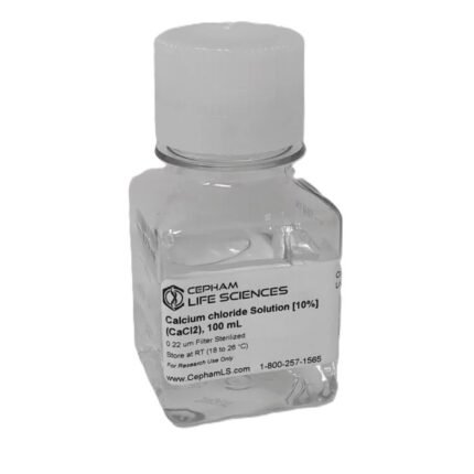 Small clear bottle with a white cap, labeled Calcium chloride Solution [10%] (CaCl2), 100 mL, Cepham Life Sciences.
