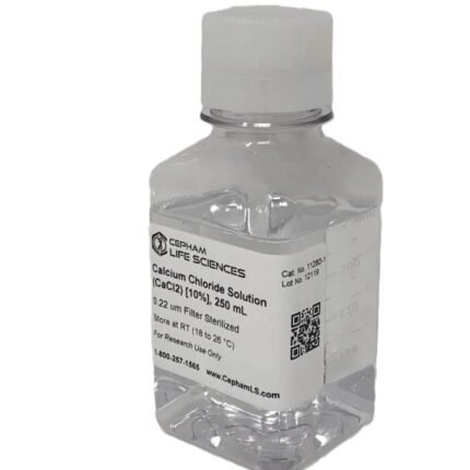 Clear plastic bottle of Cepham Life Sciences Calcium Chloride Solution (CaCl2) 10% 250 mL with white screw cap, label visible on front.