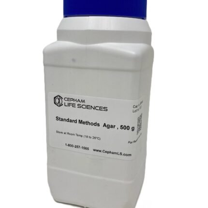 White plastic lab bottle with a blue screw cap, labeled Cepham Life Sciences Standard Methods Agar, 500 g.