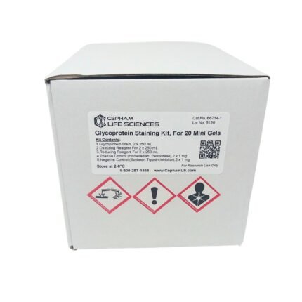White box labeled Glycoprotein Staining Kit for 20 Mini Gels from Cepham Life Sciences with hazard pictograms on the front panel.