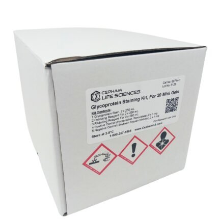 White cardboard box labeled 'Glycoprotein Staining Kit, For 20 Mini Gels' from Cepham Life Sciences, with hazard pictograms on the label.