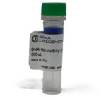 Clear plastic vial with blue gel-loading dye, green cap, and a label reading 'DNA Gel Loading Dye 500 µL' on a white background.