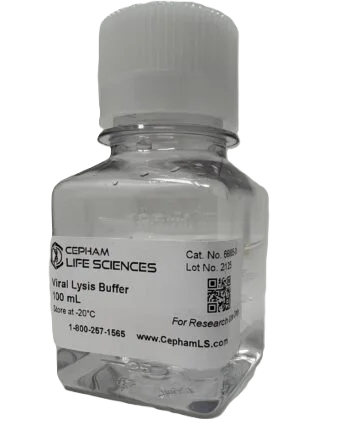 Clear square reagent bottle with white cap labeled Viral Lysis Buffer, 100 mL, from Cepham Life Sciences (lab use).