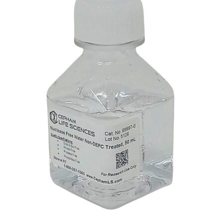 Clear plastic lab bottle with a white cap, labeled as nuclease-free water (Non-DEPC treated) 50 mL, for research use only, with QR code on the label.