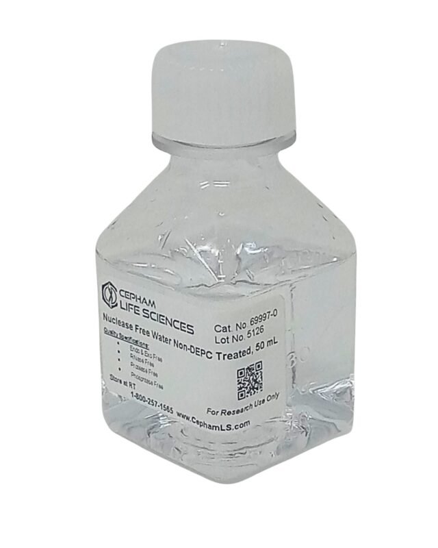 Clear plastic lab bottle with a white cap, labeled as nuclease-free water (Non-DEPC treated) 50 mL, for research use only, with QR code on the label.