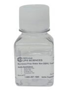 Clear glass bottle with white cap labeled 'Cepham Life Sciences' containing nuclease-free water (non-DEPC) for lab use