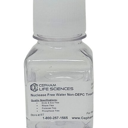 Clear glass bottle with white cap labeled 'Cepham Life Sciences' containing nuclease-free water (non-DEPC) for lab use