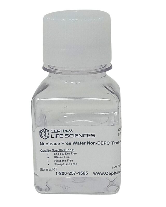 Clear glass bottle with white cap labeled 'Cepham Life Sciences' containing nuclease-free water (non-DEPC) for lab use