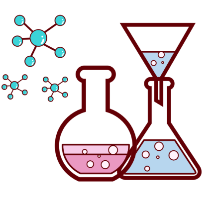 A dark red laboratory apparatus with a large round flask and a triangular funnel, filled with light blue liquid and bubbles floating nearby.