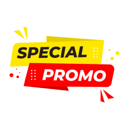 Bright yellow banner reading SPECIAL above a red banner reading PROMO with decorative shapes on a black background, conveying a sale graphic.