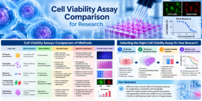 Cell viability assay comparison showing ATP, tetrazolium, resazurin, live/dead, and LDH assay methods