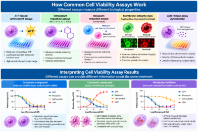 Cell viability assay methods showing ATP, tetrazolium, resazurin, membrane integrity, and LDH readouts