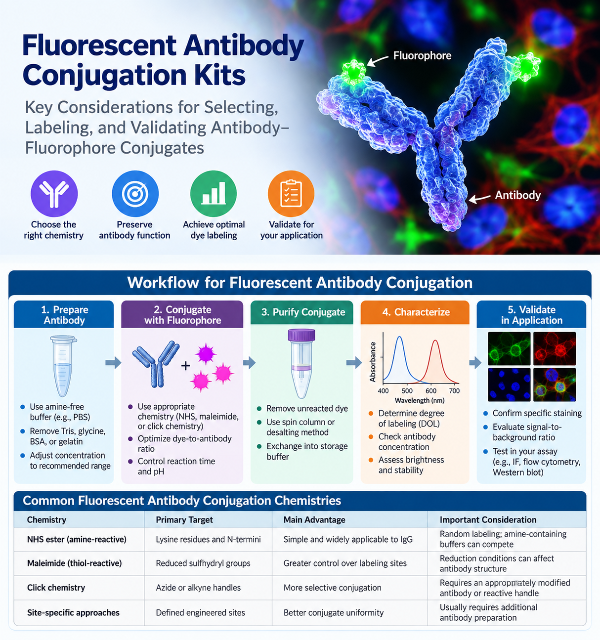 Fluorescent antibody conjugation kit selection and labeling workflow