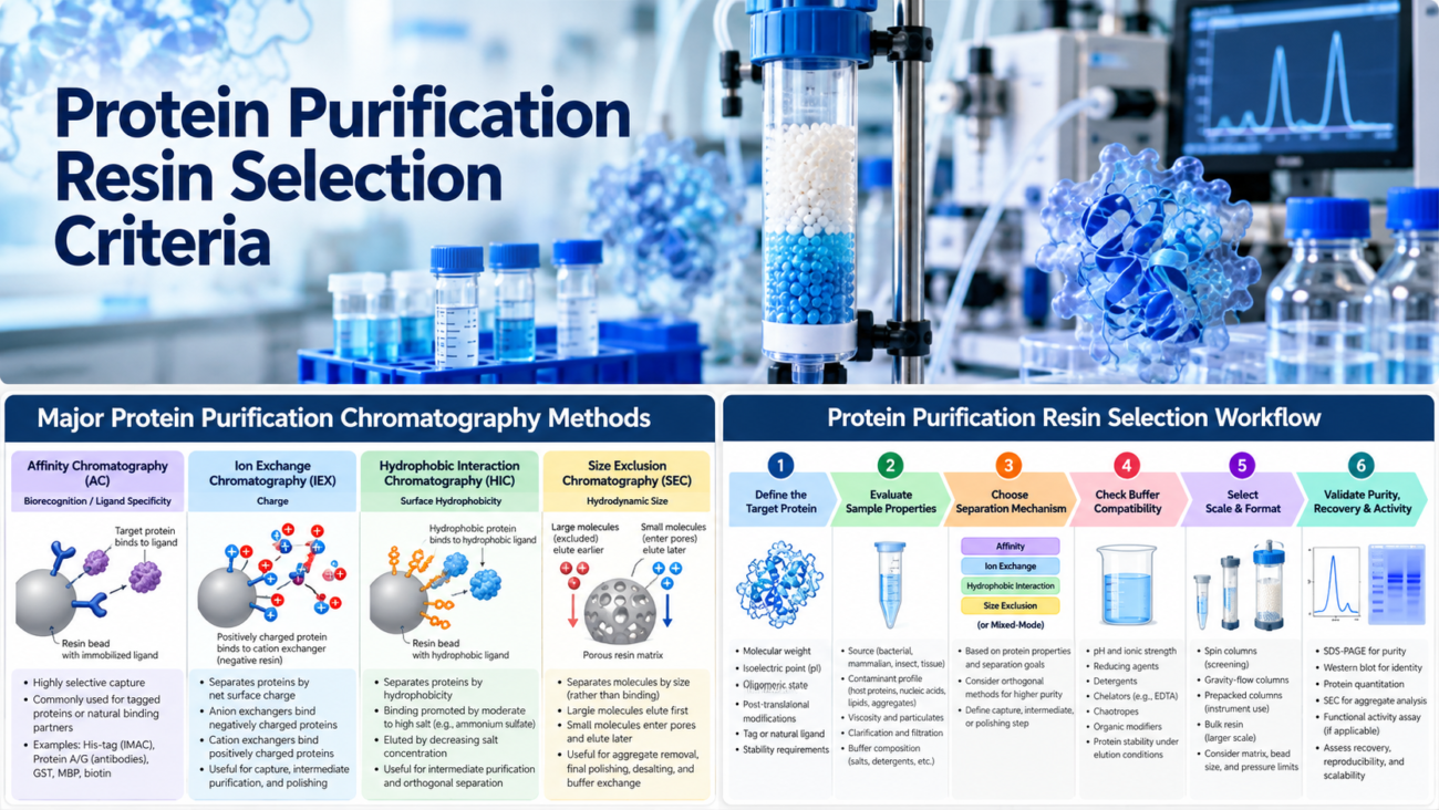 Protein purification resin selection criteria for chromatography and protein purification