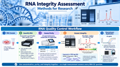 RNA quality control workflow showing RNA quantification, purity assessment, RIN, DV200, RT-qPCR, and RNA sequencing.