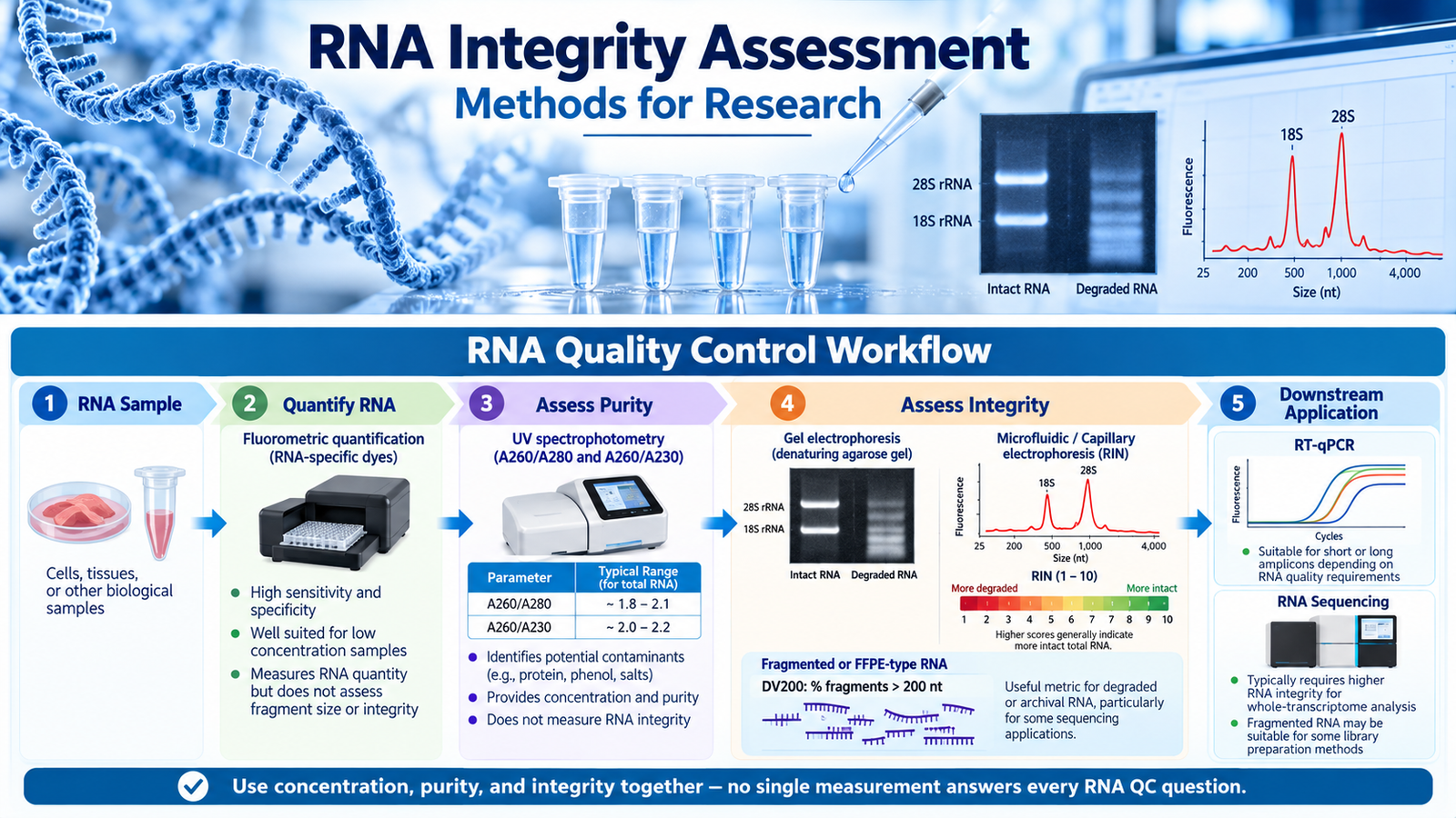 RNA integrity assessment showing intact and degraded RNA by gel electrophoresis and electropherogram analysis.
