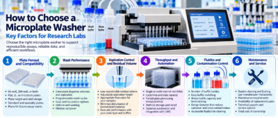 Microplate washer selection guide showing plate compatibility, wash performance, aspiration, fluidics, throughput, and maintenance